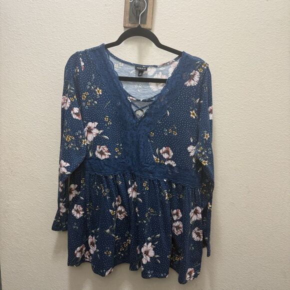 Torrid Women Floral V-Neck Blouse Blue Sz 2 Long Sleeve Lightweight Lace Detail - Picture 1 of 7
